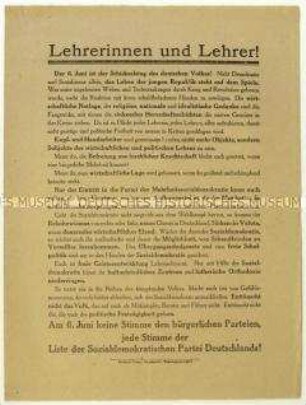 Aufruf der SPD an Lehrer zum Beitritt und zur Reichstagswahl 1920