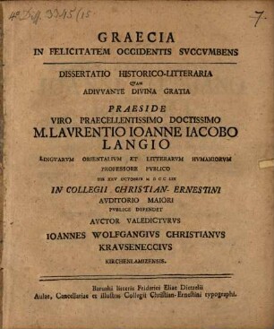 Graecia in felicitatem occidentis svccvmbens : dissertatio historico-litteraria ...