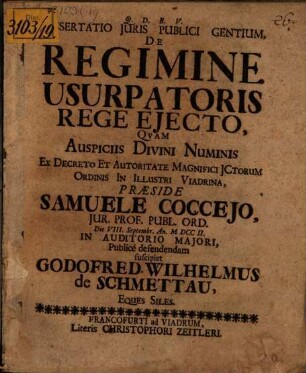 Dissertatio Juris Publici Gentium, De Regimine Usurpatoris Rege Ejecto