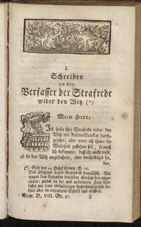 I. Schreiben an den Verfasser der Strafrede wider den Witz. - II. Antwort des Verfassers.