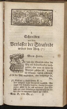 I. Schreiben an den Verfasser der Strafrede wider den Witz. - II. Antwort des Verfassers.