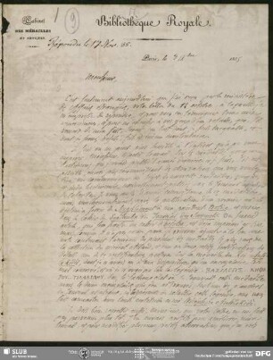 Eigenh. Brief auf Vordruck von Désiré Raoul Rochette an August Wilhelm von Schlegel, Paris, 03.11.1835