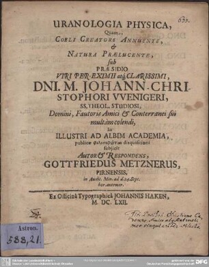 Uranologia Physica, Quam, Coeli Creatore Annuente, & Natura Praelucente