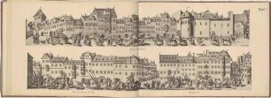 Zwei Darstellungen des Aufzuges der sieben Planeten und des Nimrod entlang des Zeughauses, der Rampischen Gasse und des Neumarktes, Reproduktion des Kupferstiches aus Gabriel Tzschimmers "Die Durchlauchtigste Zusammenkunft [...] " von 1678