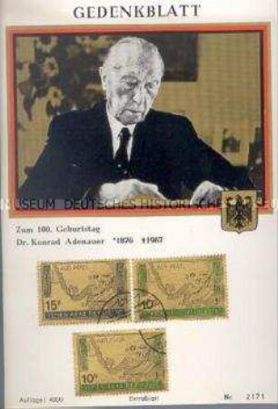 Gedenkblatt zum 100. Geburtstag von Konrad Adenauer mit Briefmarken aus der Jemenitischen Arabischen Republik