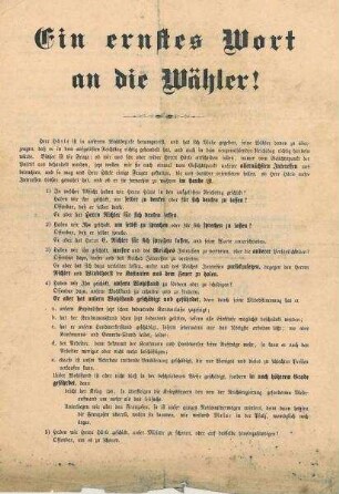 "Ein ernstes Wort an die Wähler!" Flugblatt zur Reichstagswahl (1884 oder 1887?) gegen Härle, für von Ellrichshausen
