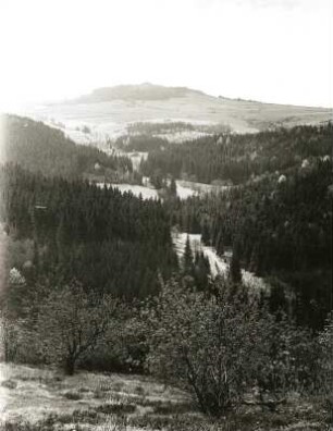 Osterzgebirge. Mordgrund oberhalb Bahratal. Blick zum Sattelberg (Špičák, 723 m / Tschechien)