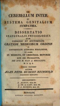 De cerebellum inter et systema genitalium sympathia : diss. inaug. physiol.