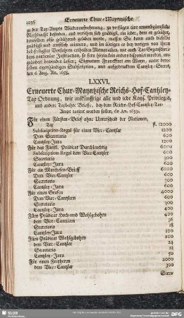 LXXVI. Erneuerte Chur-Mayntzische Reichs-Hof-Cantzley-Tax-Ordnung, wie inskünfftige alle und iede Kays. Privilegia, und andere Taxbahre Brieffe, bey dem Reichs-Hof-Cantzley-Tax-Ampt taxiret werden sollen, de An. 1659