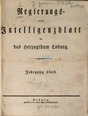 Regierungs- und Intelligenzblatt für das Herzogtum Coburg. 1849