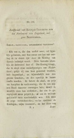 No. IV. Aanspraak van Koningin Elisabeth aan het Parlement van Engeland, volgens Bentivoglio