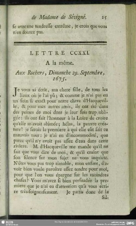 Lettre CCXXI. A la même. Aux Rochers, Dimanche 29. Septembre, 1675