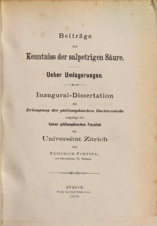 Beiträge zur Kenntniss der salpetrigen Säure : Ueber Umlagerungen. Inaug. Diss.