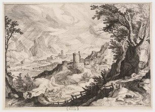 Landschaft mit einer großen Stadt, im Vordergrund Hirten mit Tieren