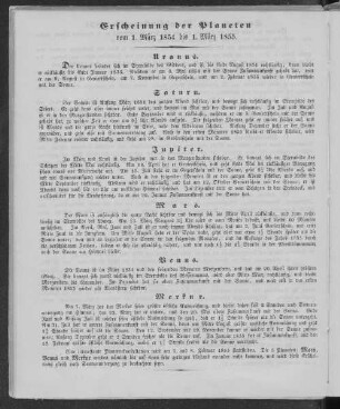 Erscheinung der Planeten vom 1. März 1854 bis 1. März 1855.