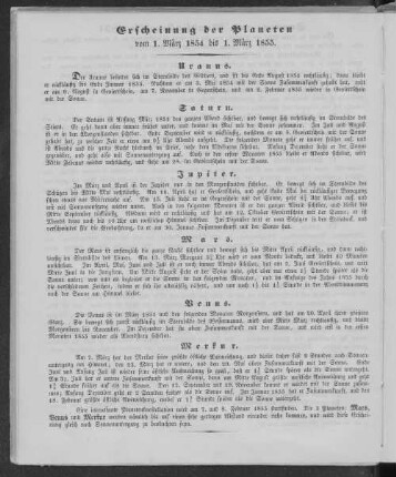 Erscheinung der Planeten vom 1. März 1854 bis 1. März 1855.