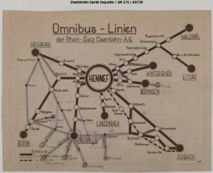 Liniennetzplan Omnibusnetz der RSE samt Bahnstrecke Hennef - Asbach. Änderungseinträge mit Bleistift.