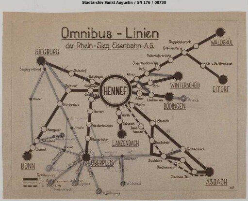 Liniennetzplan Omnibusnetz der RSE samt Bahnstrecke Hennef - Asbach. Änderungseinträge mit Bleistift.
