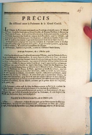 Précis du differend entre le parlement et le grand conseil