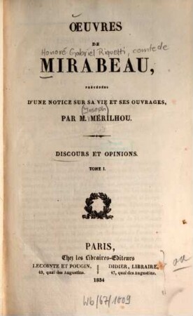 Oeuvres De Mirabeau, Tome 1.. Discours et opinions