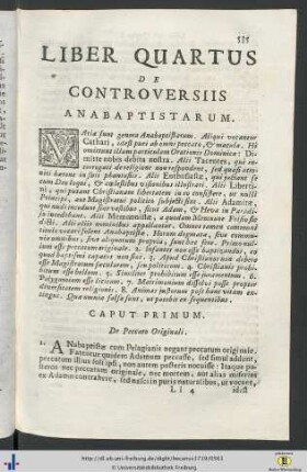 Liber Quartus De Controversiis Anabaptistarum.