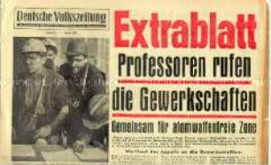 Extrablatt der "Deutschen Volkszeitung" mit dem Aufruf von 44 Professoren der Bundesrepublik für eine atomwaffenfreie Zone