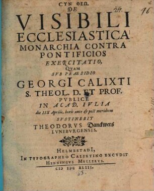 De Visibili Ecclesiastica Monarchia Contra Pontificios Exercitatio, [1]