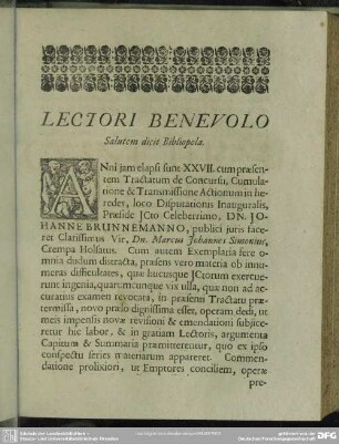 Lectori Benevolo : Salutem dicit Bibliopola
