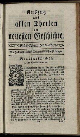 XXXIX. Stück, Coburg, den 26. Sept. 1759.