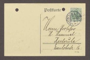Gratulationspostkarte aus Rastatt an Hermann Hummel, 1 Postkarte