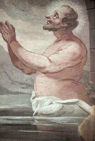 Ein Heiliger im Wasser, der zu einem vornehm gekleideten Mann auf einer Brücke heraufschaut