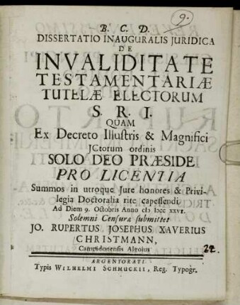 Dissertatio Inauguralis Juridica De Invaliditate Testamentariæ Tutelæ Electorum S. R. I.