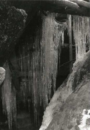 Sächsische Schweiz. Eiszapfen und andere Eisbildungen in einer Schlucht. Gefrorenes Sickerwasser