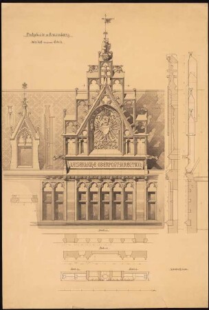 Postgebäude, Braunschweig: Ansicht und Details von Giebel