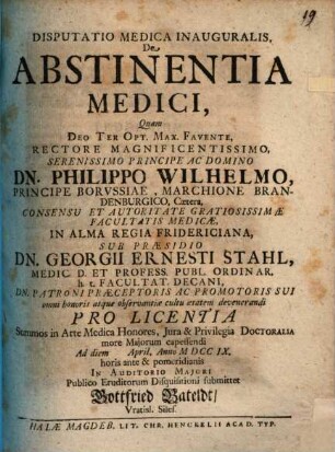 Disp. med. inaug. de abstinentia medici