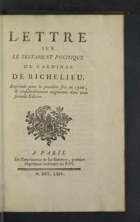 Lettre Sur Le Testament Politique Du Cardinal De Richelieu