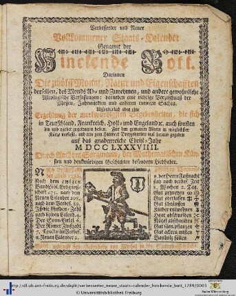 Verbesserter und neuer vollkommener Staats-Calender, genannt der hinckende Bott: ... auf das gnadenreiche Christ-Jahr 1789