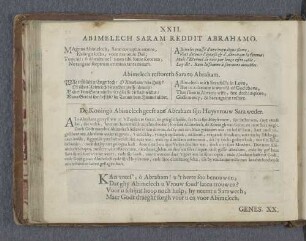 XXII. Abimelech saram reddit Abrahamo. Abimelech restoreth Sara to Abraham. De Koningh Abimelech geest aen Abraham sijn Huysvrouw Sara weder.