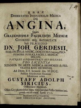 Dissertatio Inauguralis Medica De Angina