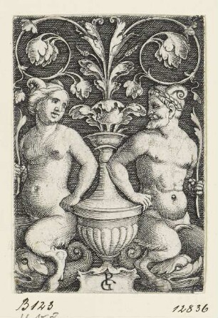 Ornament mit Vase und Satyrpaar