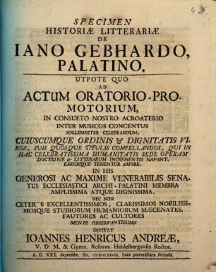 Specimen Historiæ Litterariæ De Iano Gebhardo, Palatino