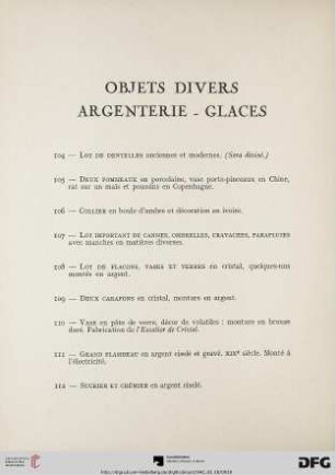 Objets divers – Argenterie – Glaces (Nr. 104-123)