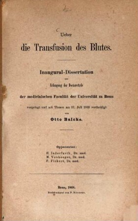 Über die Transfusion des Blutes