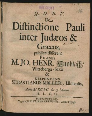 De Distinctione Pauli inter Judaeos & Graecos