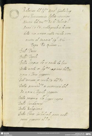 [Text:] Relazione del reverendissimo monsignor Giulio Ruggieri, protonotario apostolico, ritornato nunzio dal serenissimo re di Polonia lʼanno 1568