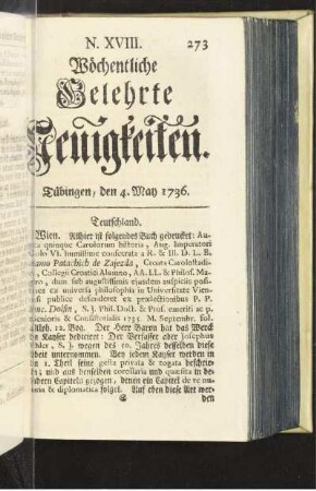 N. XVIII. Tübingen, den 4. May 1736