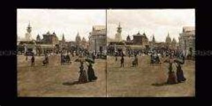 Besucher und Ausstellungsgebäude an der Espalnade des Invalides, Weltausstellung Paris