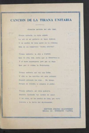 Canción de la tirana unitaria : (Canción porteña del año 1840)