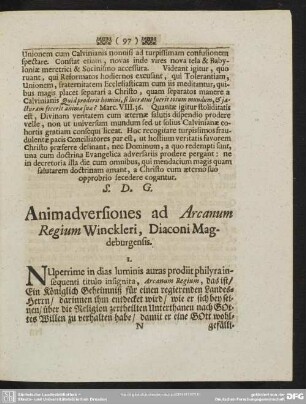 Animadversiones Ad Arcanum Regium Winckleri, Diaconi Magdeburgensis