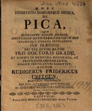 Dissertatio Inauguralis Medica, De Pica